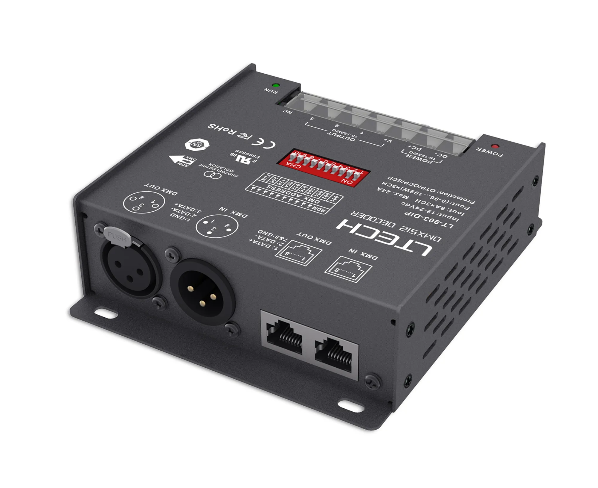 903-DIP  3Ch 8A CV DMX Decoder, 576W Max.Power, XLR & RJ45 Port, Self testing, DMX512/RDM I/P signal, IP20.